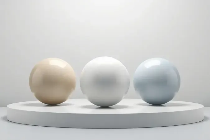 Renderização 3D de esferas representando diferentes acabamentos de tinta como fosco, acetinado e brilhante em composição clean.