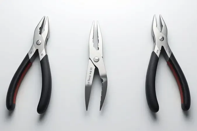 Renderização 3D de três tipos de alicates de corte lado a lado em superfície minimalista com iluminação profissional.