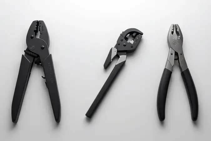 Três tipos diferentes de alicates de crimpar dispostos lado a lado em composição minimalista.