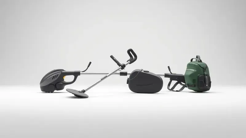 Três tipos diferentes de aparadores de grama enfileirados em render 3D conceitual: elétrico compacto, modelo potente e estilo mochila.