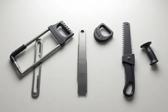 Renderização 3D conceitual de três tipos de arcos de serra: tubular, mini japonês e regulável, com acabamento metálico realista sobre fundo neutro.