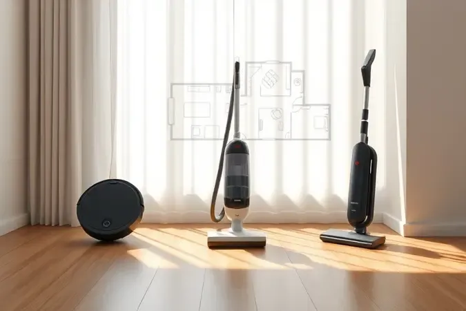 Três tipos de aspiradores de pó — robô, convencional e vertical — em ambiente de apartamento moderno
