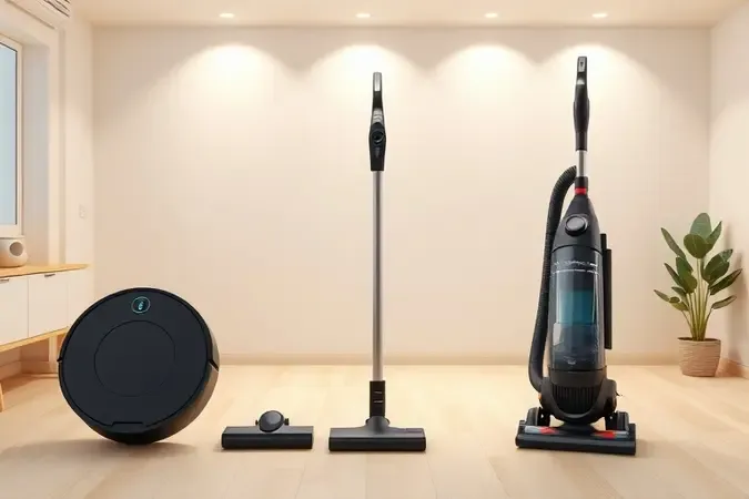 Três tipos de aspiradores — robô, vertical e convencional — em renderização 3D conceitual lado a lado em ambiente de apartamento moderno e minimalista.
