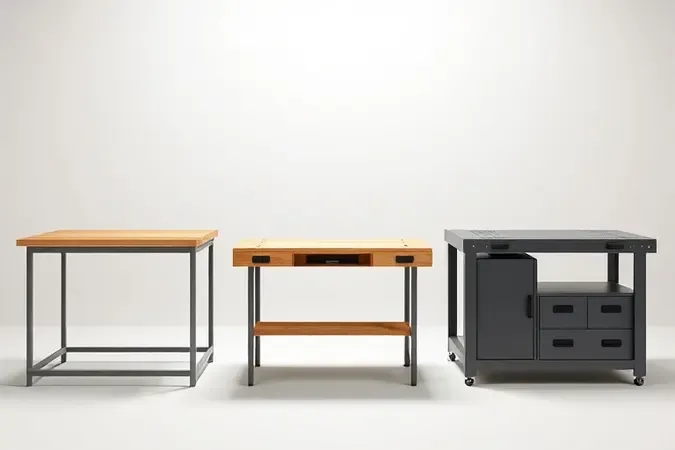 Três estilos diferentes de bancadas multifuncionais modernas em render 3D lado a lado em estúdio limpo e bem iluminado