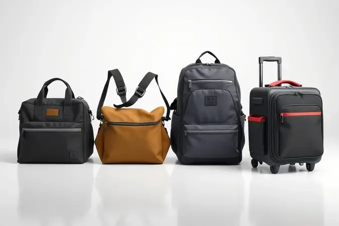 Render 3D conceitual mostrando quatro estilos de bolsas para ferramentas em composição limpa e moderna