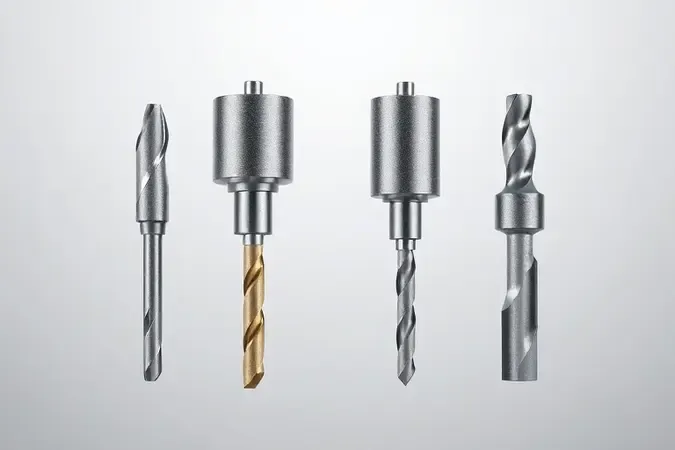 Composição conceitual 3D de diferentes tipos de brocas para furadeira com geometrias de ponta distintas.