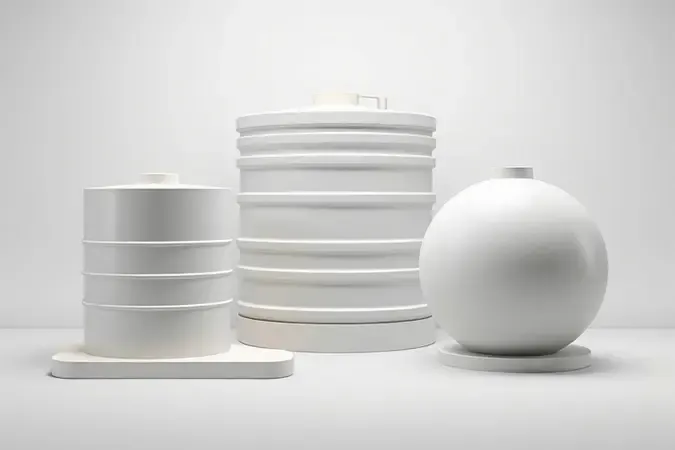 Renderização 3D conceitual mostrando diferentes formatos e tipos de caixas d'água em composição minimalista equilibrada
