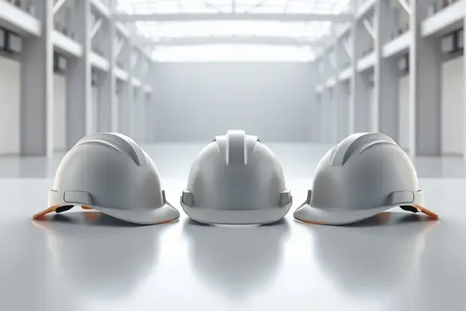 Render 3D mostrando três tipos diferentes de capacetes de segurança em composição limpa e profissional