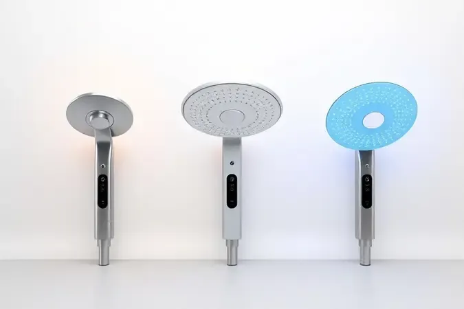 Comparação visual 3D entre três tipos de chuveiros elétricos comum multitemperatura e eletrônico com transição de iluminação.