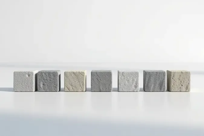Amostras conceituais de diferentes tipos de cimento Portland em composição 3D com iluminação profissional.