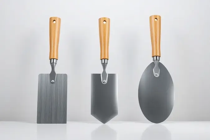 Três tipos de colheres de pedreiro em renderização 3D: reta, pequena e oval lado a lado sobre superfície neutra