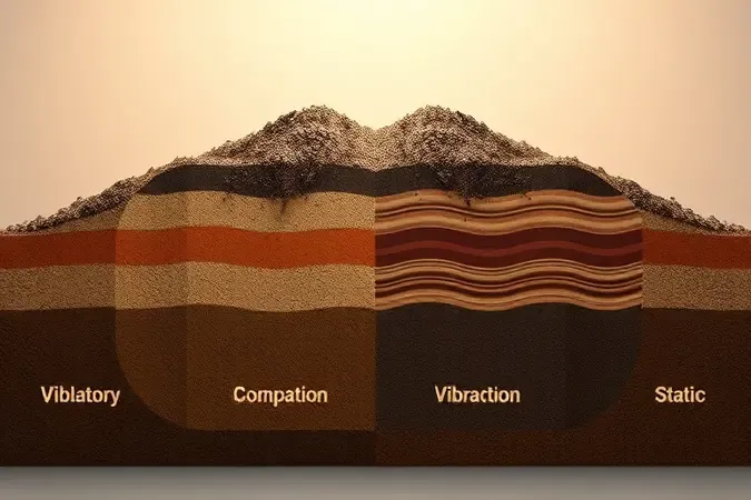 Renderização 3D conceitual em corte transversal ilustrando compactação vibratória e estática do solo com texturas realistas.