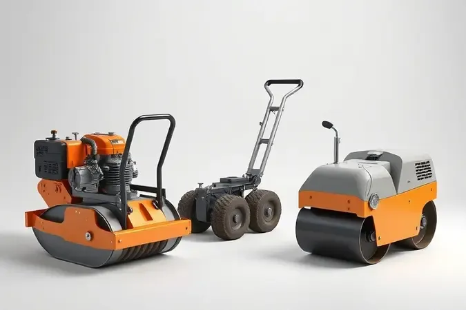 Renderização 3D com três tipos de compactadores de solo: placa vibratória, sapo compactador e rolo compactador em composição limpa.