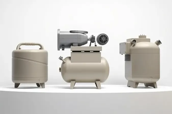 Render 3D conceitual mostrando três tipos diferentes de compressores de ar lado a lado para ajudar na escolha do modelo ideal.