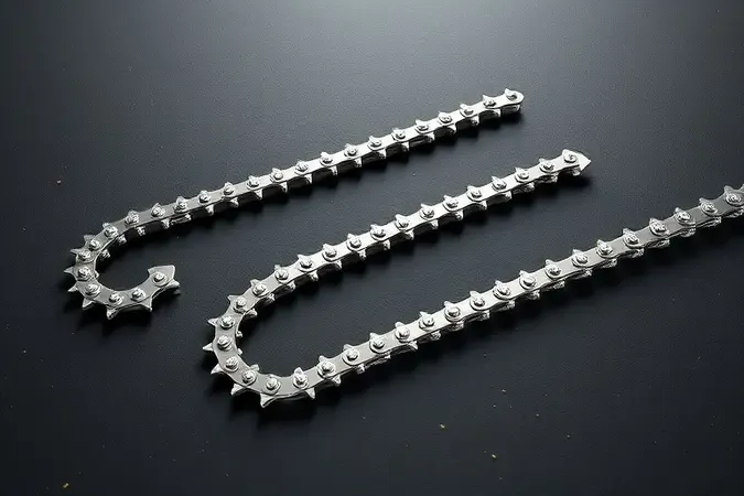 Comparação conceitual de três tipos de correntes de motosserra com diferentes geometrias de dentes em render 3D sobre superfície escura.