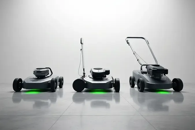 Renderização 3D com três silhuetas estilizadas de cortadores de grama representando diferentes tipos lado a lado.