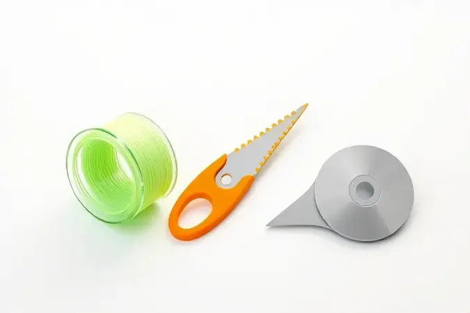 Composição conceitual 3D com três sistemas de corte para roçadeira: carretel de nylon, lâmina plástica e disco metálico em disposição diagonal.
