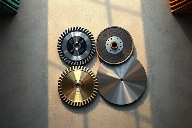 Render 3D conceitual de quatro tipos de discos de corte com diferentes bordas dispostos sobre superfície de concreto.
