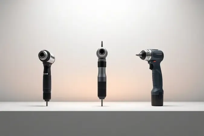 Três tipos diferentes de furadeiras conceituais lado a lado em composição minimalista 3D