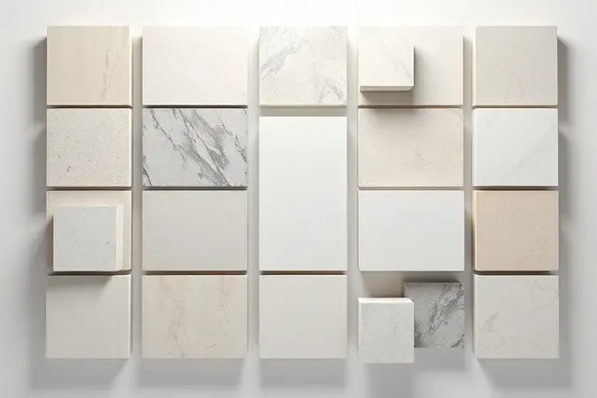 Composição 3D de amostras de diferentes tipos de porcelanato com acabamentos variados.