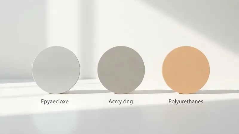 Renderização 3D apresentando amostras dos principais tipos de tinta para piso com diferentes texturas e níveis de brilho.