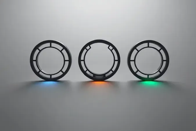 Cena conceitual 3D com diferentes tipos de bobinas de detector de metais sobre superfície limpa e minimalista.