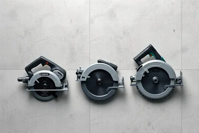Composição 3D mostrando diferentes tipos de serras circulares lado a lado em renderização conceitual moderna.