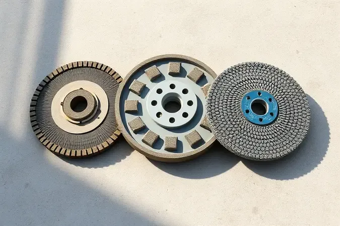 Três tipos diferentes de discos abrasivos dispostos em composição elegante sobre superfície de concreto em renderização 3D.