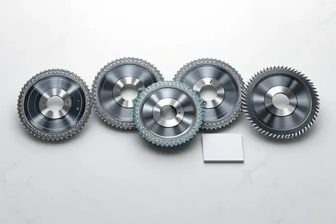 Discos diamantados sem marca com diferentes padrões de borda organizados ao lado de amostra de porcelanato polido em renderização 3D.