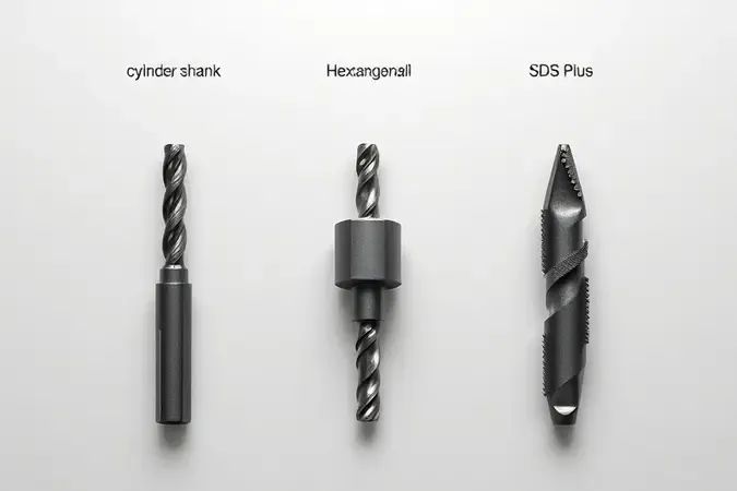 Comparação visual de brocas com diferentes tipos de encaixe: cilíndrico, hexagonal e SDS Plus em estilo 3D.
