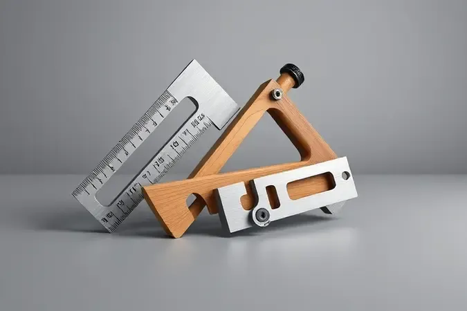 Renderização 3D conceitual de três tipos de esquadros profissionais para marcenaria dispostos em composição moderna sobre superfície minimalista
