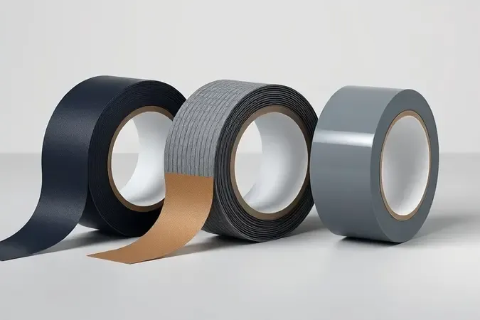 Render 3D de três rolos de fita isolante com diferentes texturas e acabamentos representando os principais tipos disponíveis no mercado.