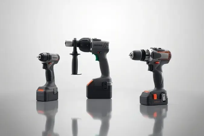 Renderização 3D conceitual comparando três tipos diferentes de furadeiras lado a lado em composição minimalista.