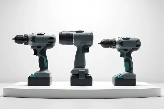 Render 3D conceitual com três tipos diferentes de furadeiras lado a lado em plataforma limpa e minimalista