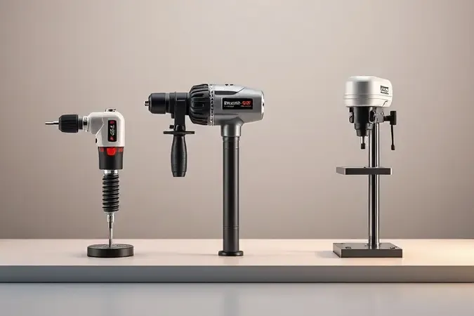 Três furadeiras conceituais lado a lado representando os tipos impacto, sem impacto e de bancada em renderização 3D minimalista.