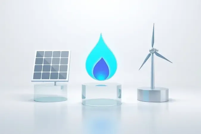 Render 3D de três fontes de energia estilizadas: painel solar, chama de gás azul e turbina eólica sobre superfície minimalista.