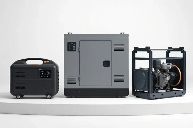 Três tipos diferentes de geradores de energia residenciais lado a lado em renderização 3D conceitual com design limpo e sem marcas.