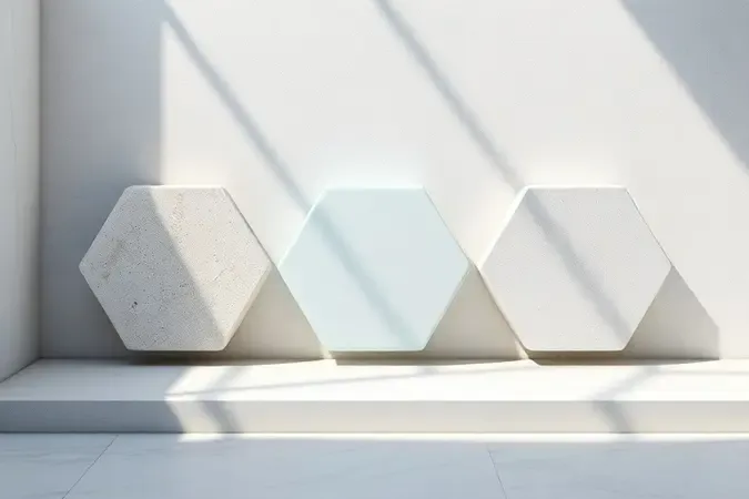 Render 3D conceitual com três formas geométricas representando diferentes tipos de impermeabilizantes para banheiro.
