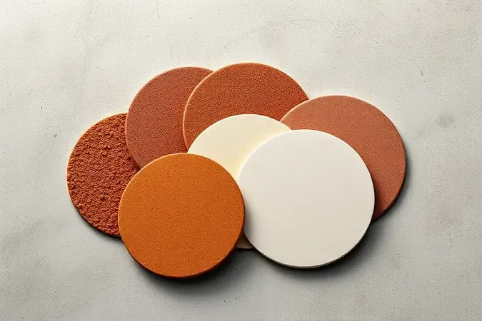 Composição elegante de discos de lixa com diferentes granulações dispostos em leque sobre superfície de concreto neutro