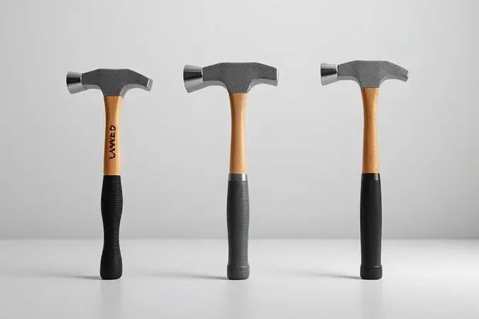 Três tipos distintos de marretas em renderização 3D exibindo variações de tamanho e formato de cabeça e cabo.