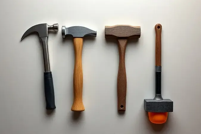 Renderização 3D de quatro tipos de martelos: unha, pedreiro, pena e borracha sobre superfície neutra.