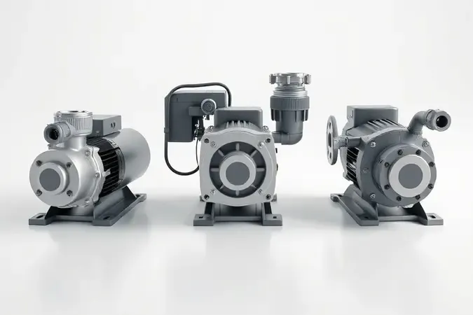 Três tipos distintos de motobombas genéricas em renderização 3D conceitual alinhadas sobre superfície limpa e minimalista.