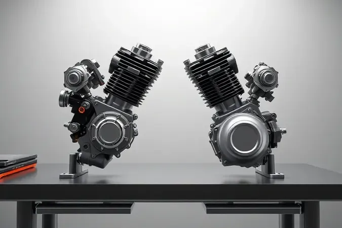Render 3D comparativo de motores dois tempos e quatro tempos genéricos para roçadeira em bancada de estúdio.