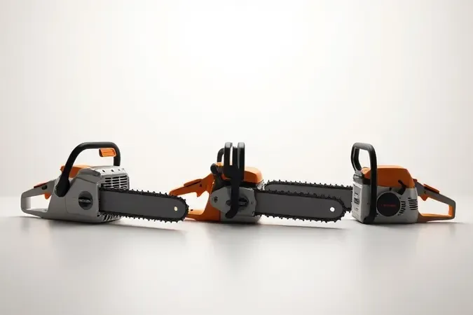 Três silhuetas de motosserras conceituais lado a lado em renderização 3D profissional com iluminação suave