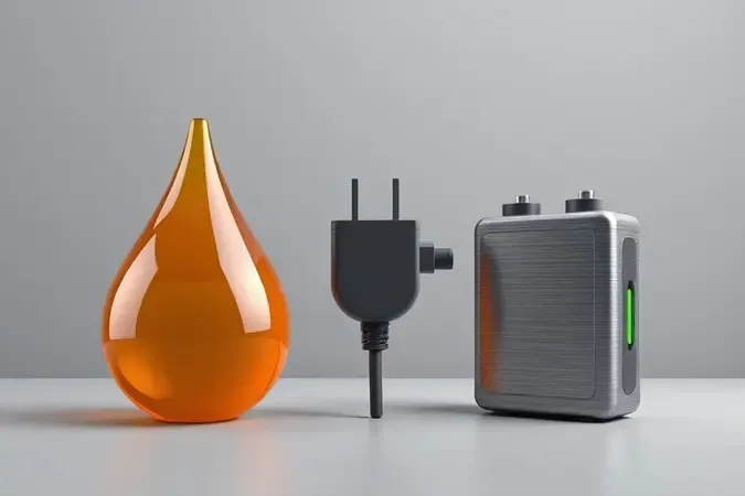 Render 3D conceitual com representações abstratas de fontes de energia: combustível, elétrica e bateria para motosserras