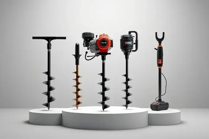 Três tipos de perfuradores de solo lado a lado: manual com barra em T, a gasolina com motor e elétrico com bateria em renderização 3D