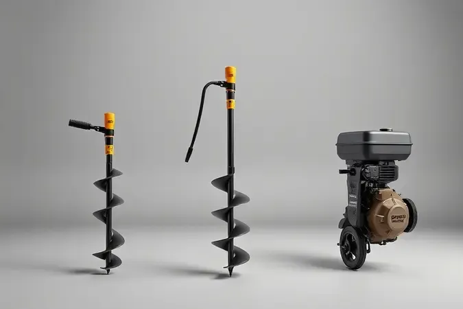 Renderização 3D conceitual comparando três tipos de perfuradores de solo: manual, elétrico e a gasolina em composição minimalista.