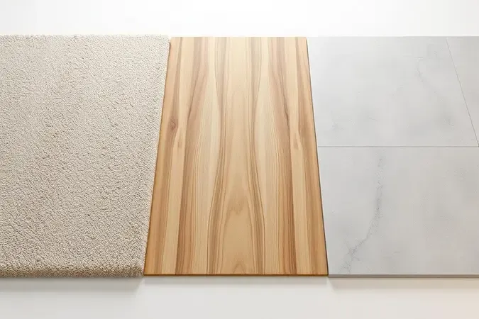 Render 3D de diferentes tipos de piso: carpete, madeira e cerâmica em ambiente limpo e moderno.