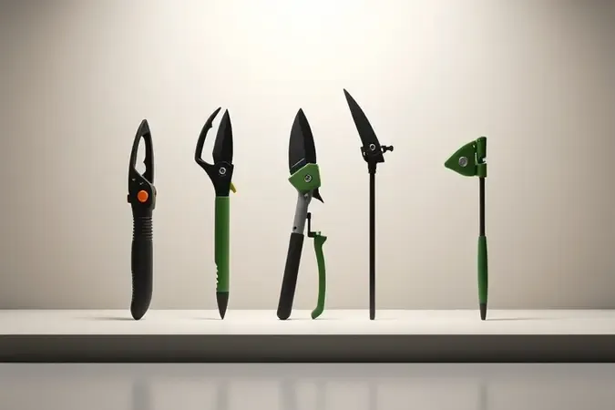 Renderização 3D conceitual com diferentes tipos de podadores de galhos representados de forma estilizada em composição minimalista.