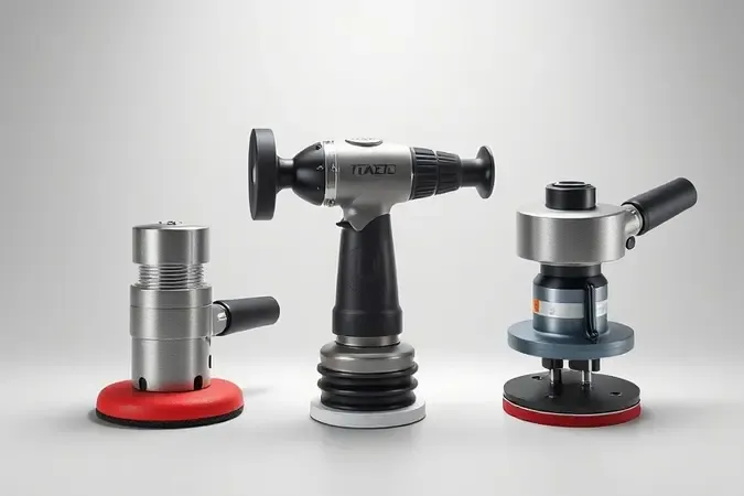 Três tipos de politrizes automotivas em render conceitual: orbital, roto-orbital e rotativa lado a lado.